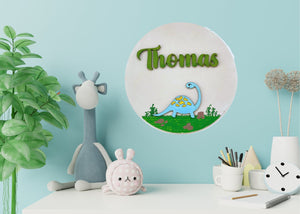 Personalised Kid's Wooden Name Sign - Nursery Name Plaque - Blue Dinosaur - Name Plaques